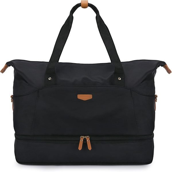 Expandable Weekender Bag for Women,Travel Duffel Bag 50L Carry on Overnight Bag with Shoes Compartment Gym Bag, Black, Large, Travel Bag Women