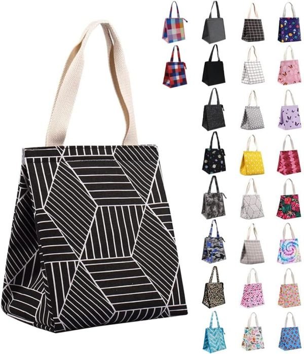 Insulated Lunch Bag for Women & Adults, 9L Foldable Wide-Open Cooler Bag with Pockets, Leakproof & Portable, for Picnic, Office, Beach, Black Rhombus