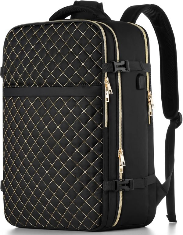 Carry On Backpack for Women, Flight Approved Large Travel Laptop Backpack with USB Charge Port, 17 Inch Water Resistant Luggage Travel Bag for Weekender Business, Black - Gold Rhombus