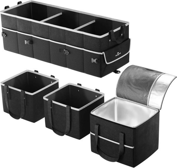 Premium Trunk Organizer with Reusable Shopping Bags and Cooler – Collapsible Storage Container with Insulated Leakproof Cooler Bag, Non Slip Bottom, and Adjustable Securing Straps