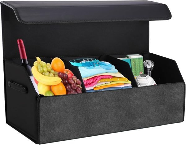 Trunk Organizer for  - Folding Cargo Storage Box with Lid, Waterproof Faux Leather, Magnetic Lock (Black)
