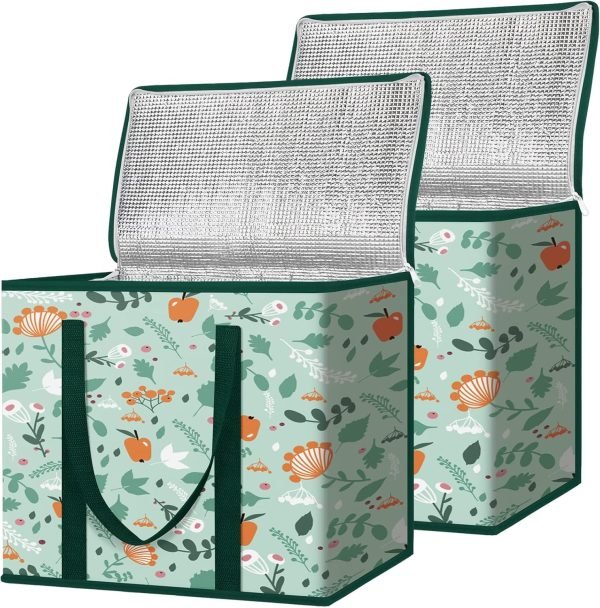 2Pk Insulated Reble Grocery Bags, Collapsible Cooler Bag for Groceries, Heavy Duty Large Insulated Bag (16''x9''x13'', Spring Stroll)